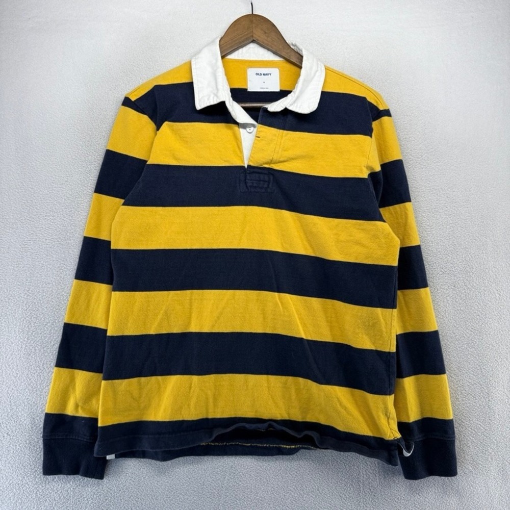 Old Navy Rugby Shirt Mens Medium Yellow Striped Long Sleeve Preppy Michigan Ivy